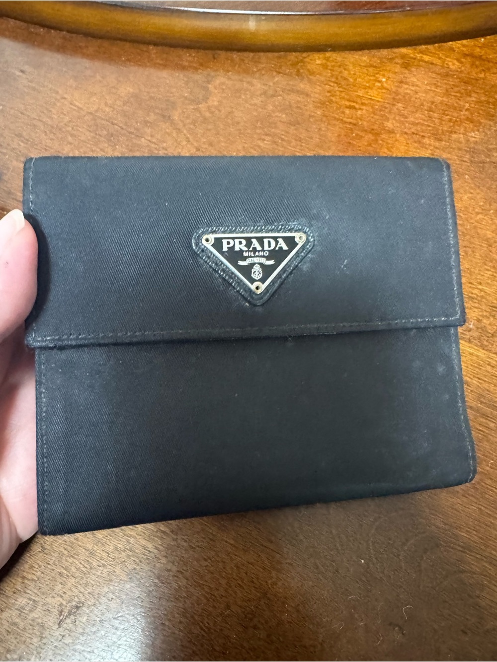 Auth PRADA Trifold Wallet Black Nylon/Silver